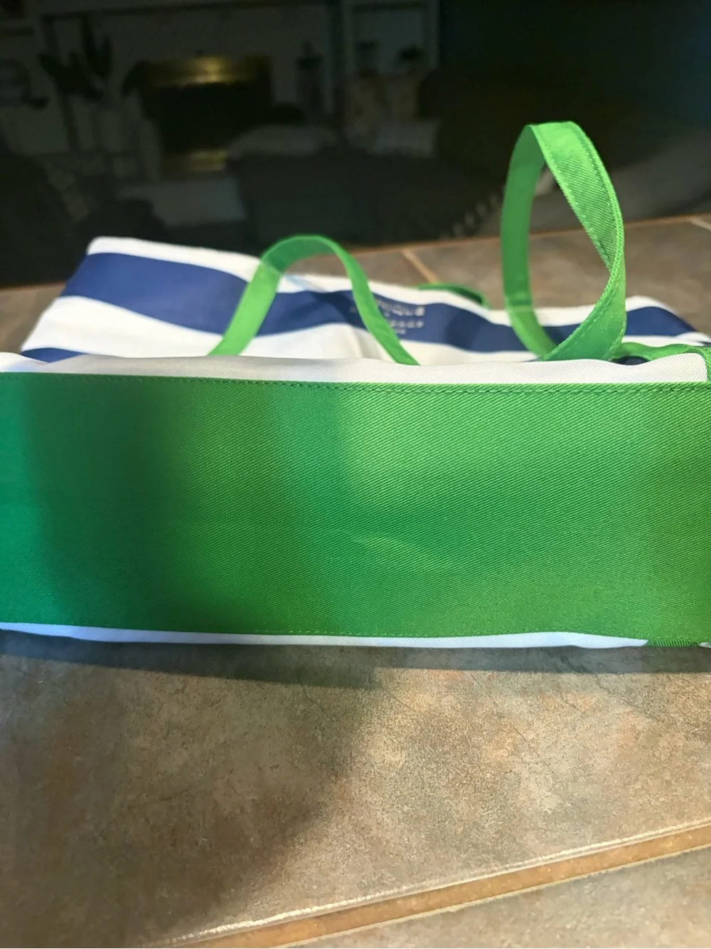 kate spade & Clinque Collab Navy &White Stripe Tote w/ Green Handles and pouche